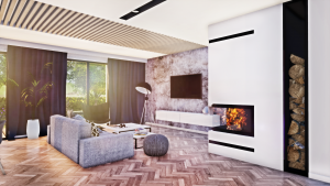 Salon z betonem i drewnem