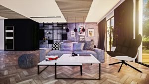 Salon z betonem i drewnem