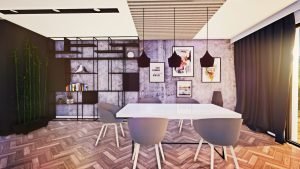 jadalnia z betonem i drewnem