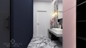łazienka z pastelowym różem i granatem