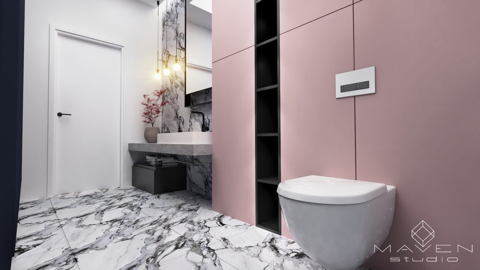 łazienka z pastelowym różem i granatem